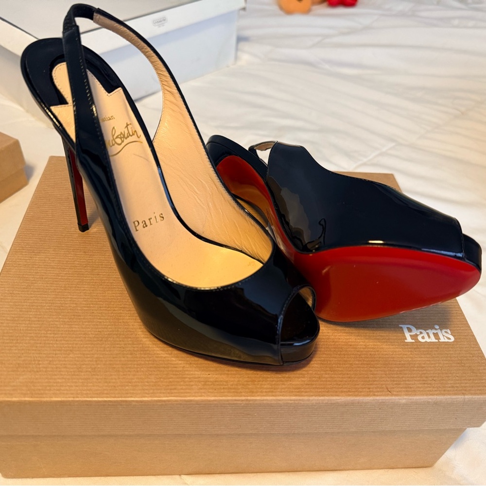 Christian Louboutin Flo Slingback 120 Patent Heels – Black – Size 35.5 – NIB